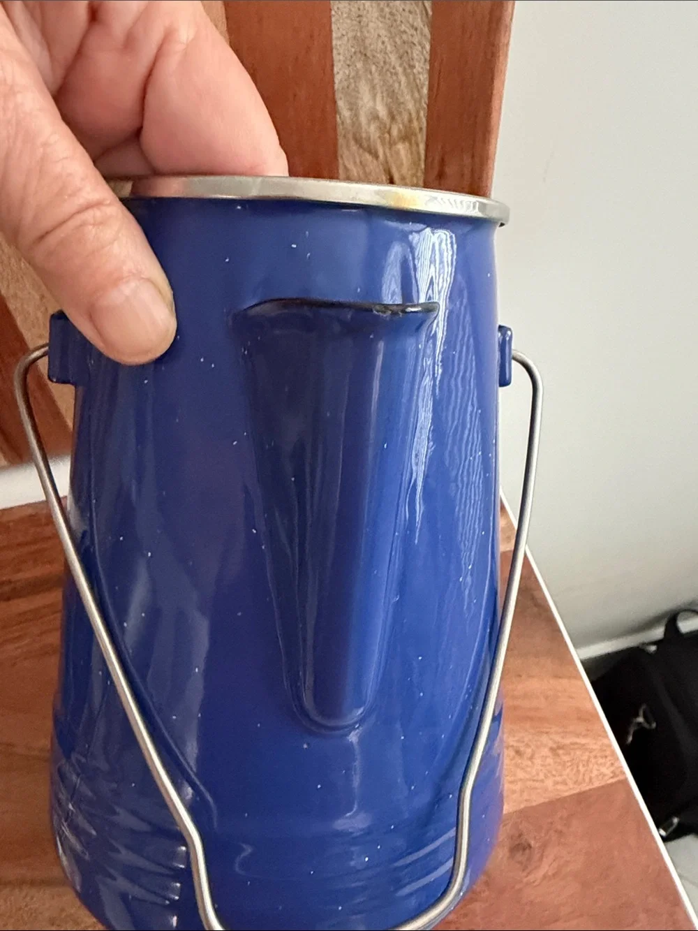 Blue Speckled Enamel Cowboy Camping Coffee Pot w/ Lid & Insert Made in Thailand
